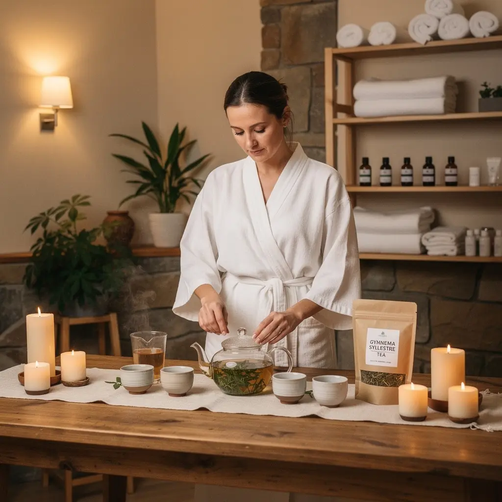 Žmogus, mėgaujantis Gymnema Sylvestre arbata, atsipalaiduoja ir rūpinasi savo sveikata.