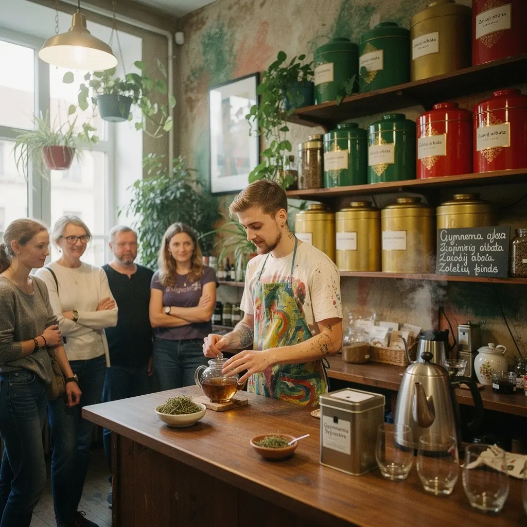 Ramybės akimirka su arbatos puodeliu ir žaliomis gamtos detalėmis.